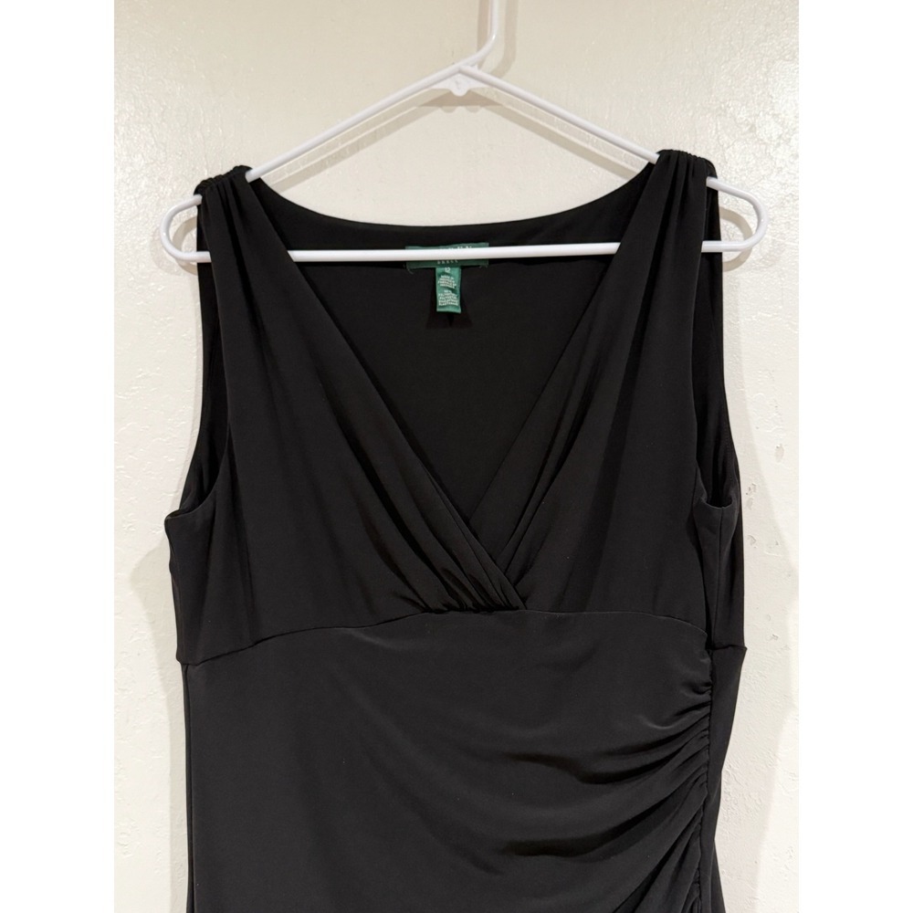 Lauren Ralph Lauren Black Ruched V-Neck Sleeveless Sheath Cocktail Dress Size 12 - Picture 6 of 7